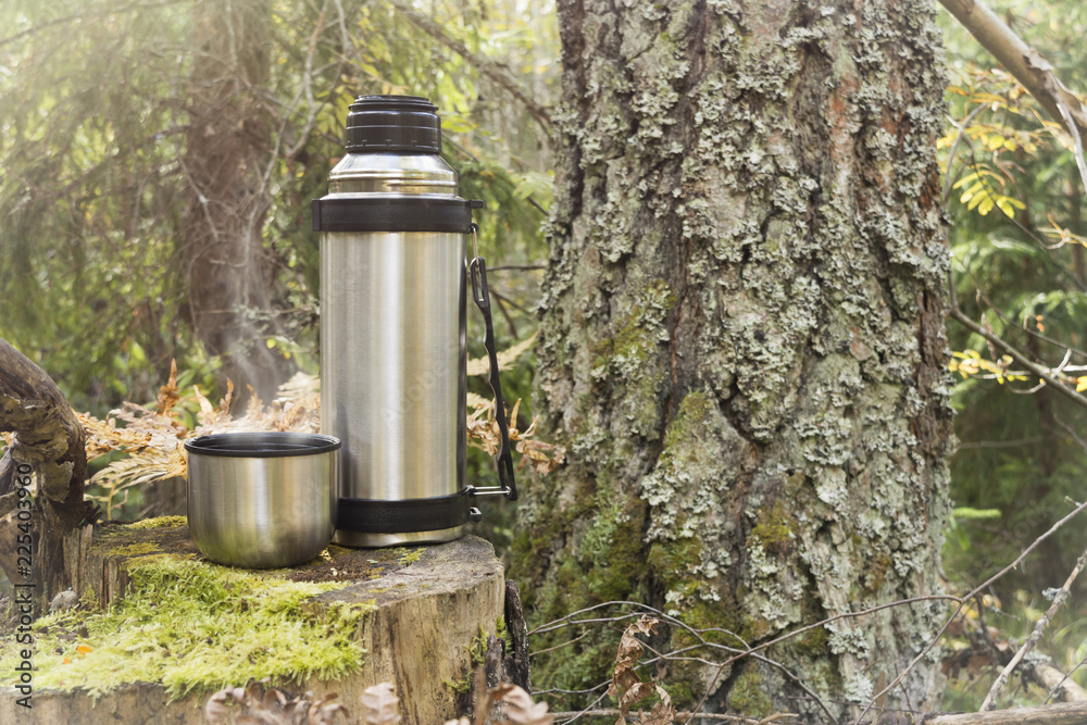 Steel Thermos With A Cup Of Hot Tee Standing On Old Stump In