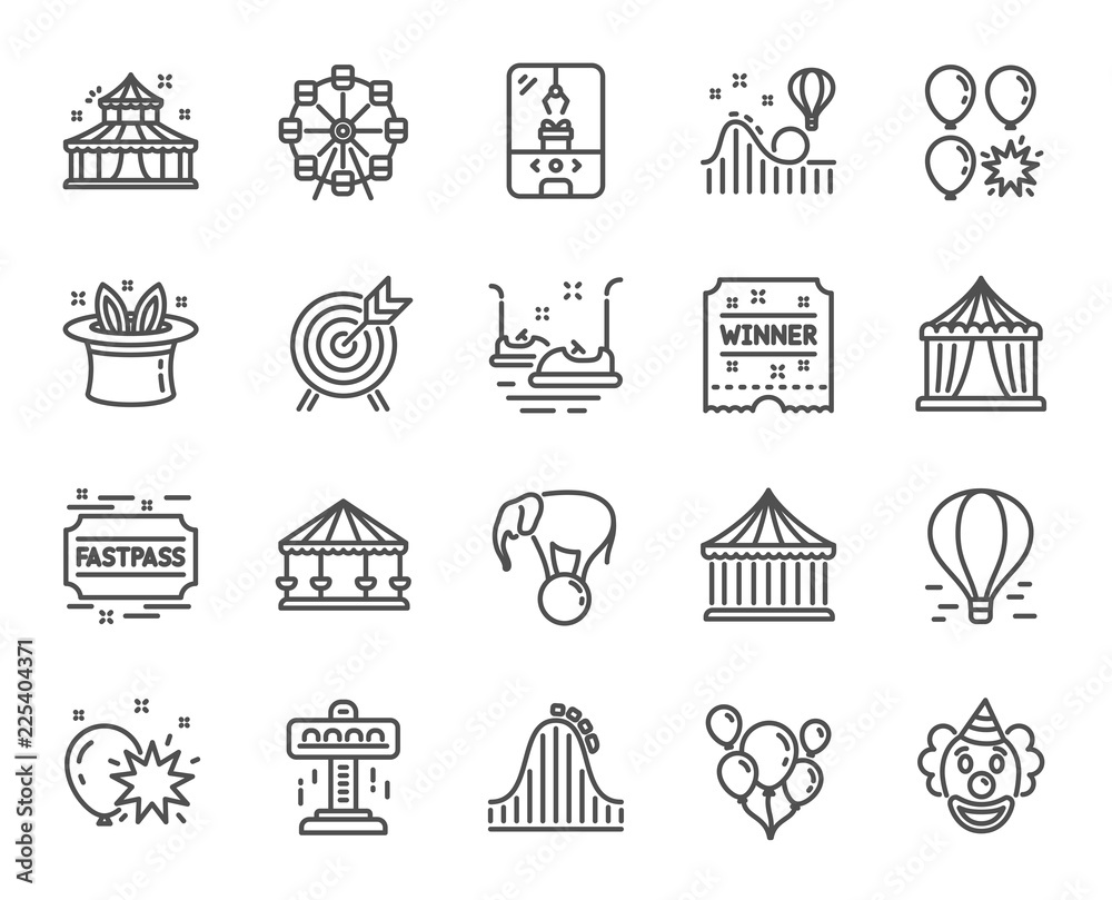 Amusement park line icons. Set of Carousels, Roller coaster and Circus linear icons. Air balloon, Crane claw machine and Fastpass symbols. Circus amusement park tickets. Vector