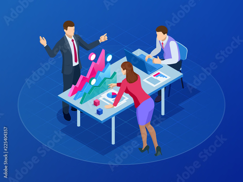 Isometric concept for business teamwork and digital marketing, creative innovation. Web banner flat design of promotion of business online, the takeoff rating of the work, ideas. Vctor illustration