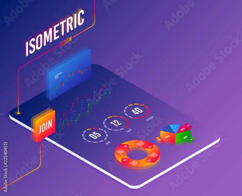 Software or Financial markets analytics concept. Abstract isometric statictics on screen. Candlestick cryptocurrency charts. Technology process of Software testing results. Isometric vector photo