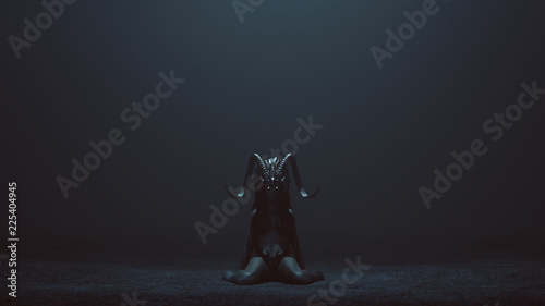 Evil Witch Kneeling with a Head Dress in a foggy void with 3d Illustration 3d render photo