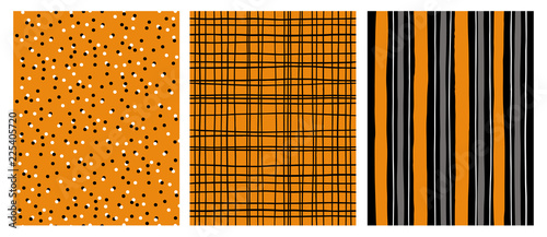 Hand Drawn Infantile Style Vector Patterns.Orange,Gray and Black Stripes  on a White Background. Black Grid On an Orange Backround.White and Black Dots on an Orange Background. Cute Simple Design.