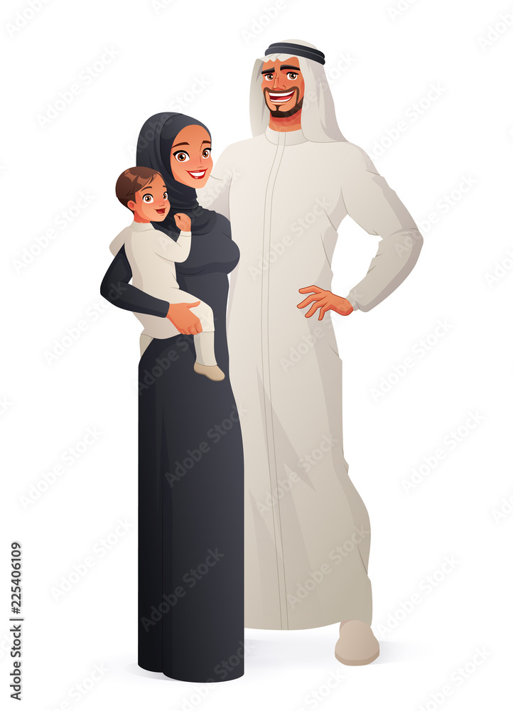 Happy traditional Arab family portrait. Vector illustration.