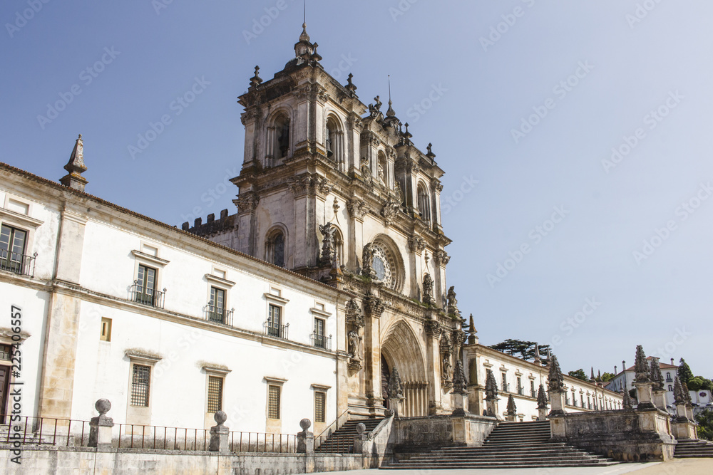 Details of the exterior front of the Alcobaca Monastery, or Mosteiro de Santa Maria de Alcobaca, in Portugal. No people.
