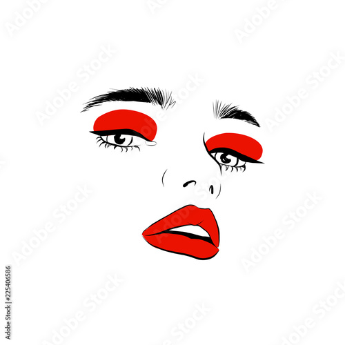 Fashion woman with red lips sketch. Fashion face woman portrait for your design. Beautiful young woman portrait with elegant makeup. Beauty Fashion model. Sketch. Vector illustration.
