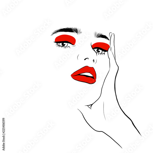Fashion woman with red lips sketch. Fashion face woman portrait for your design. Beautiful young woman portrait with elegant makeup and hand. Beauty Fashion model. Sketch. Vector illustration.