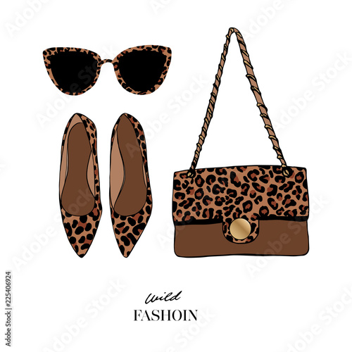 Set of fashion women's accessories: Shoes. bag and sunglasses with fashionable leopard print. Female fashion accessories. Concept design woman trendy accessories. Wild Fashion. Vector Illustration
