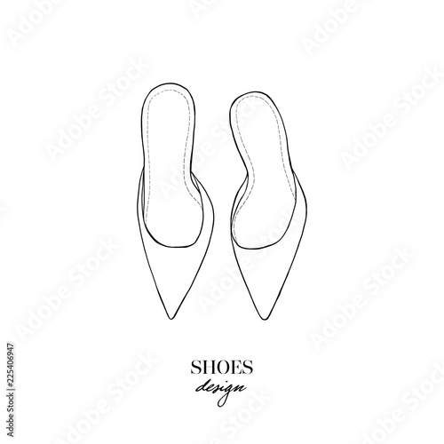 Vector illustration of hand drawn graphic woman's Footwear, shoes. Casual moccasins or mules shoes. Doodle outline drawing Design isolated object. Logo concept design of women's accessories