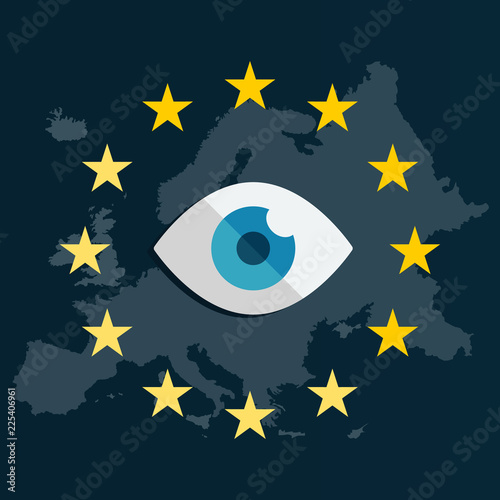 Eye illustration in front of european map and eu star symbols. 