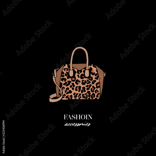 Hand drawn graphic leopard bag, lettering. Fashion minimalist illustration. Beautiful design elements, perfect for prints. Big vector fashion illustration accessories sketch. Isolated fashion elements