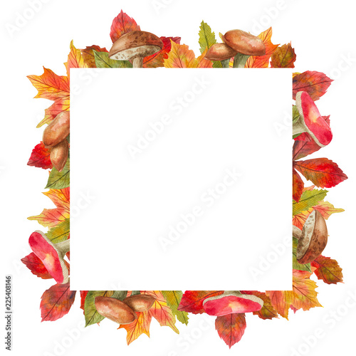 watercolor frame of autumn leaves and mushrooms for design and decor