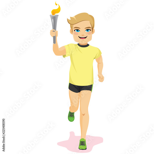 Male athlete torchbearer running holding flaming torch