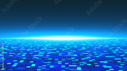 3d technology background with surface with squares and lighting horizon, 3d rendering for science or technology