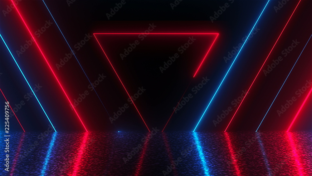 Abstract triangles neon tunnel with reflection, computer generated background, 3D render background - obrazy, fototapety, plakaty 