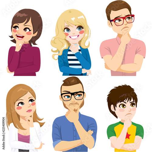 Group of people men and women thoughtful doubt expression thinking concept