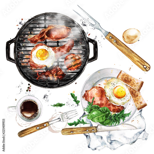 Bacon and Egg Breakfast on Grill. Watercolor Illustration.