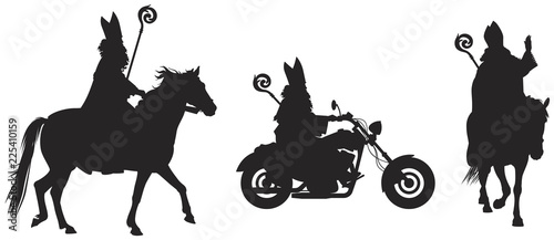 Heilige Nikolaus, Sinterklaas on the horse and bikers' bike vector silhouettes, winter holiday figure based on Saint Nicholas, Bishop of Myra, eve and feast of Saint Nicholas Gift Giver, Santa Claus