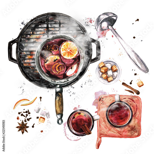 Mulled Wine Cooking . Watercolor Illustration.