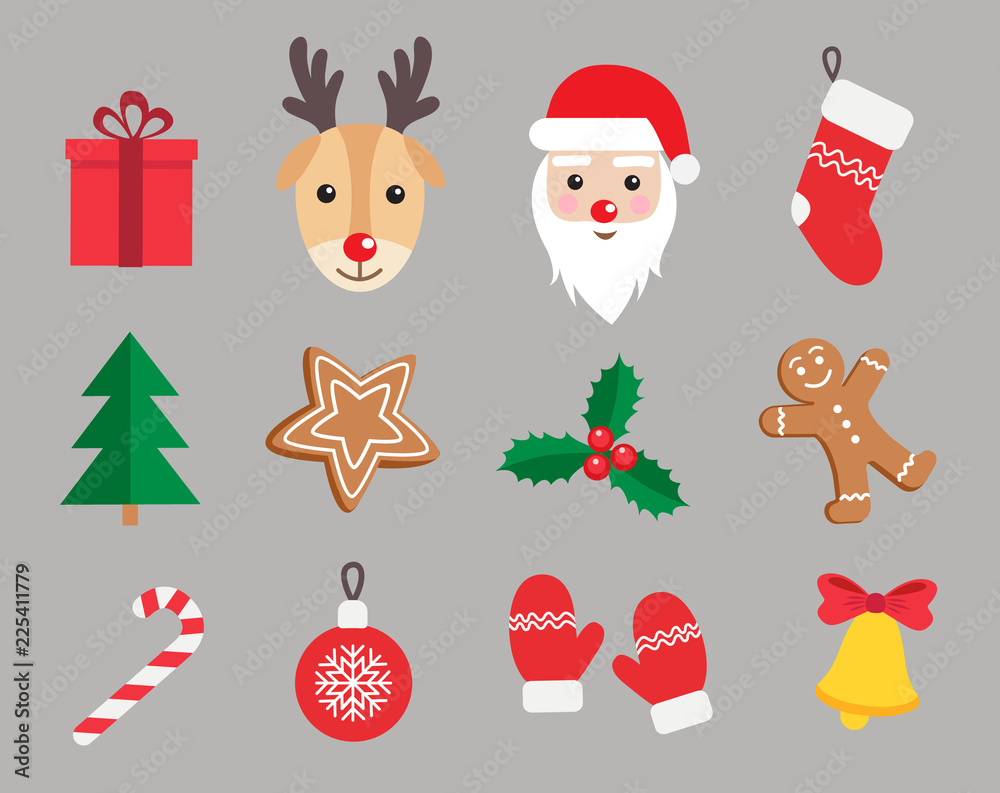 Christmas and New Year symbols icon set. Gingerbread man, Santa Claus, deer, candy, gift, ball, Christmas tree, mistletoe,  stockings etc. Vector illustration