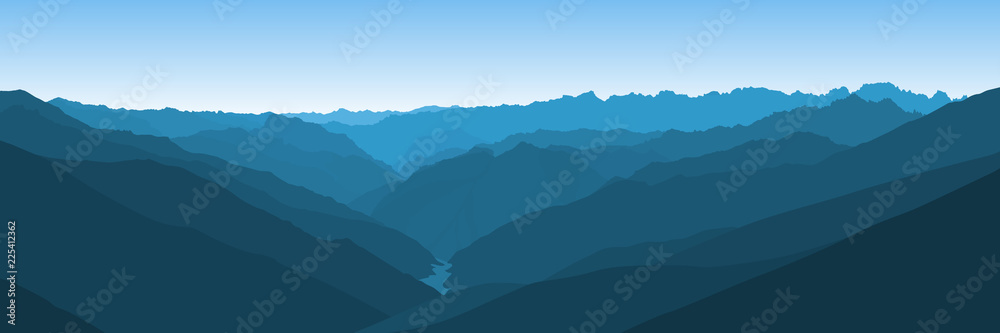 Beautiful blue vector landscape with a curvy valley in Himalaya mountains.