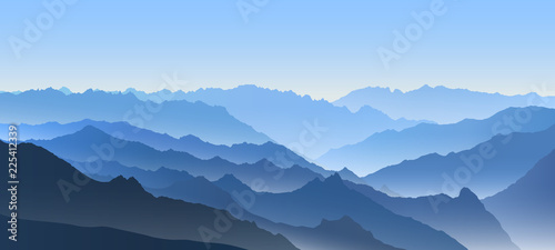 Beautiful blue vector landscape with a curvy valley in Himalaya mountains.