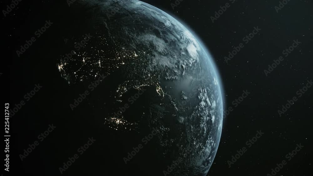 4K Sunrise over the Planet Earth. 3D Animation.