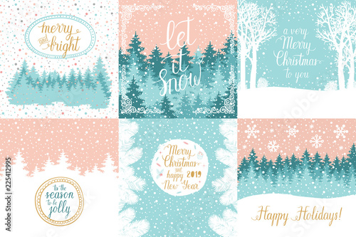 Merry and Bright Christmas, Happy Holidays, Happy New Year greeting cards set. Vector winter holidays backgrounds with hand lettering calligraphic, christmas tree branches, snowflakes, falling snow.