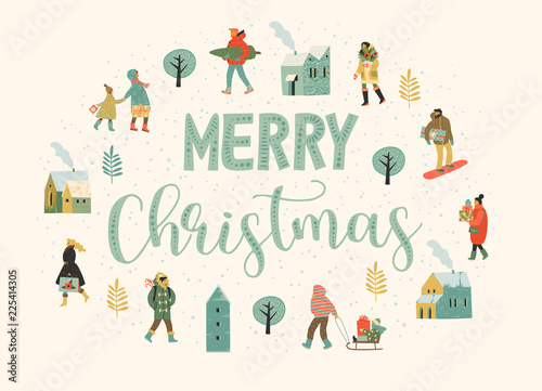 Christmas and Happy New Year illustration whit people. Trendy retro style.