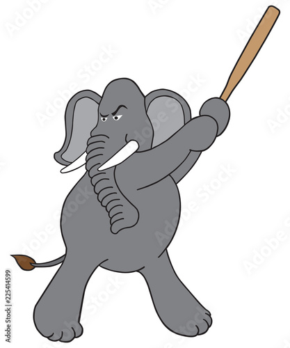 An intense cartoon elephant is getting ready to swing a bat