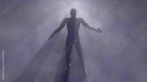 Man floating in fog, rays of light. 3d animation