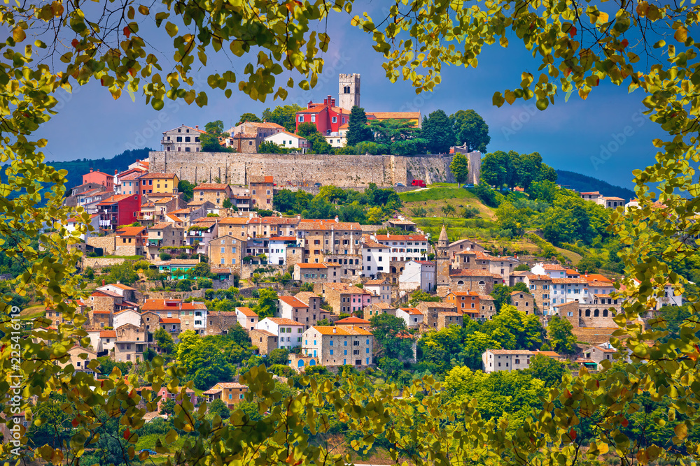 Obraz premium Town of Motovun on picturesque hill view through leaf frame