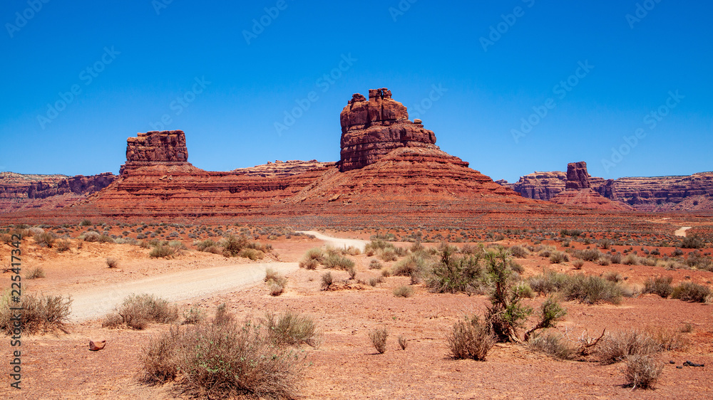 Iconic Southwest US desert brown sandstone monument in the former Bears Ear National Monument located in the Valley of the Gods, Mexican Hat, Utah Iconic Southwest US desert brown sandstone monument in the former Bears Ear National Monument located in the Valley of the Gods, Mexican Hat, Utah
