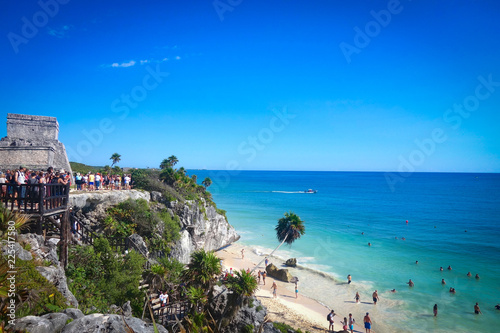 Tulum's UNESCO-listed Mayan ruins, overlooking the clear blue Caribbean sea and white sand beaches of Mexico's Yucatan Peninsula