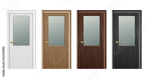 Vector realistic different closed brown wooden door icon set closeup isolated on white background. Elements of architecture. Design template for graphics, Front view