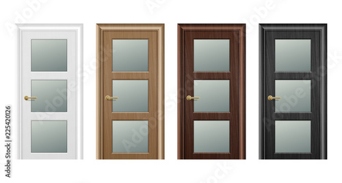 Vector realistic different closed brown wooden door icon set closeup isolated on white background. Elements of architecture. Design template for graphics, Front view