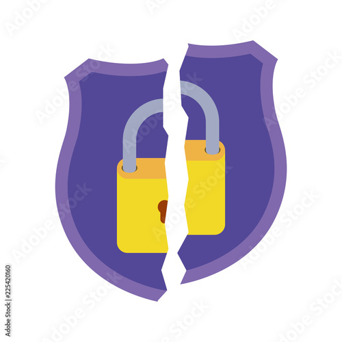 shield with broken padlock isolated icons