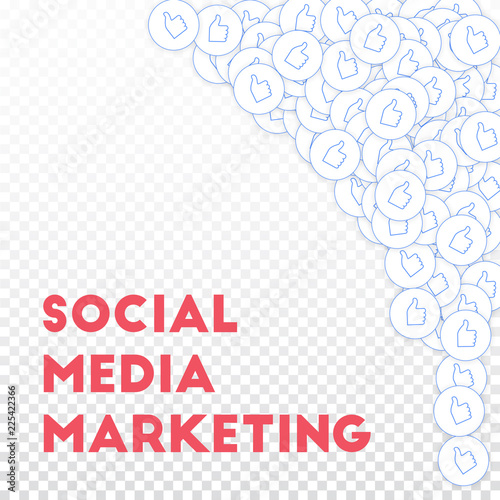 Social media icons. Social media marketing concept. Falling scattered thumbs up. Top right corner el