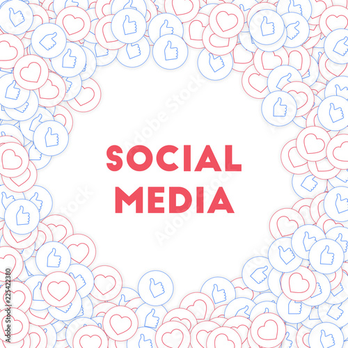 Social media icons. Social media marketing concept. Falling scattered thumbs up hearts. Round random
