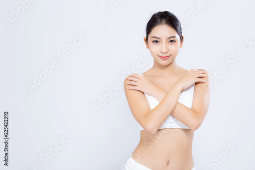 Portrait young asian woman smiling beautiful body diet with fit isolated on white background  model girl weight slim with cellulite or calories  health and wellness concept.
