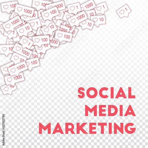Social media icons. Social media marketing concept. Falling pink like counter. Top left corner eleme