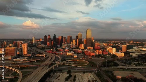 Aerial footage as the sun sets of the skyline of Dallas, Texas, USA. photo