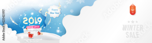 Winter Sale 25% off. Happy new year 2019 Long greeting card template with gift box and snowdrifts on blue background with special offer. Creative banner with ribbons and light effects. Flat vector