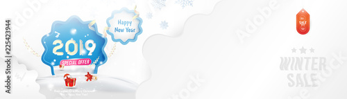 Winter Sale 25% off. Happy new year 2019 Long greeting card template with gift box and snowdrifts on blue background with special offer. Creative banner with ribbons and light effects. Flat vector