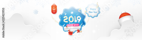 Winter Sale 25% off. Happy new year 2019 Long greeting card template with gift box and snowdrifts on blue background with special offer. Creative banner with ribbons and light effects. Flat vector