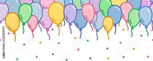 Seamless horizontal decoration with colorful balloons with confetti without background, naive and simple decorative motif, party wallpaper, vector illustration