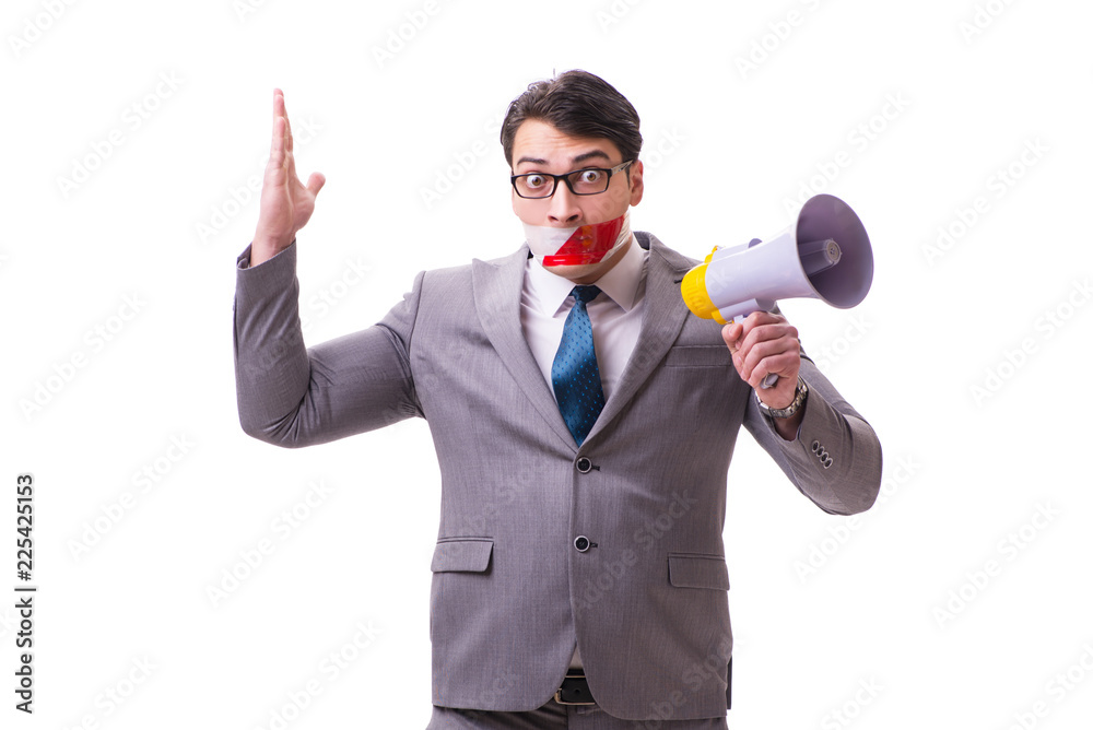 Funny businessman with loudspeaker isolated on white Funny businessman with loudspeaker isolated on white