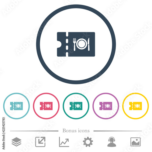 Eating discount coupon flat color icons in round outlines