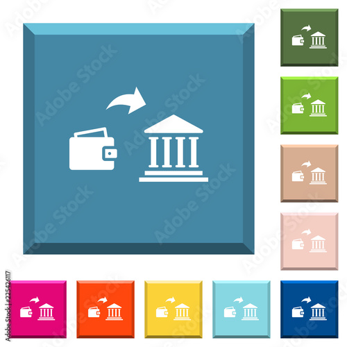Money deposit to bank white icons on edged square buttons