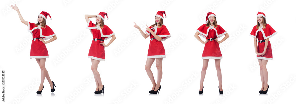 Young woman in red santa costume on white Young woman in red santa costume on white