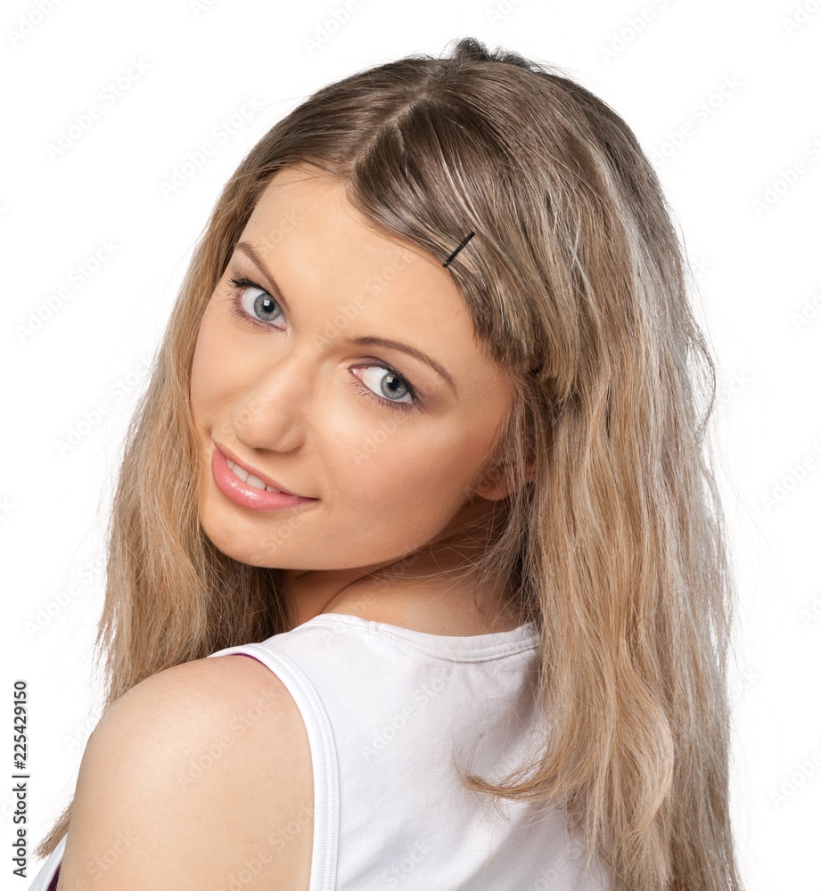 Close-up portrait of young woman isolated on white background Close-up portrait of young woman isolated on white background